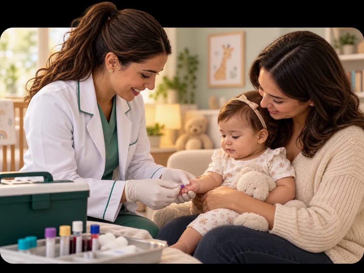 Profissional do LAF realizando coleta em um bebê no colo da mãe