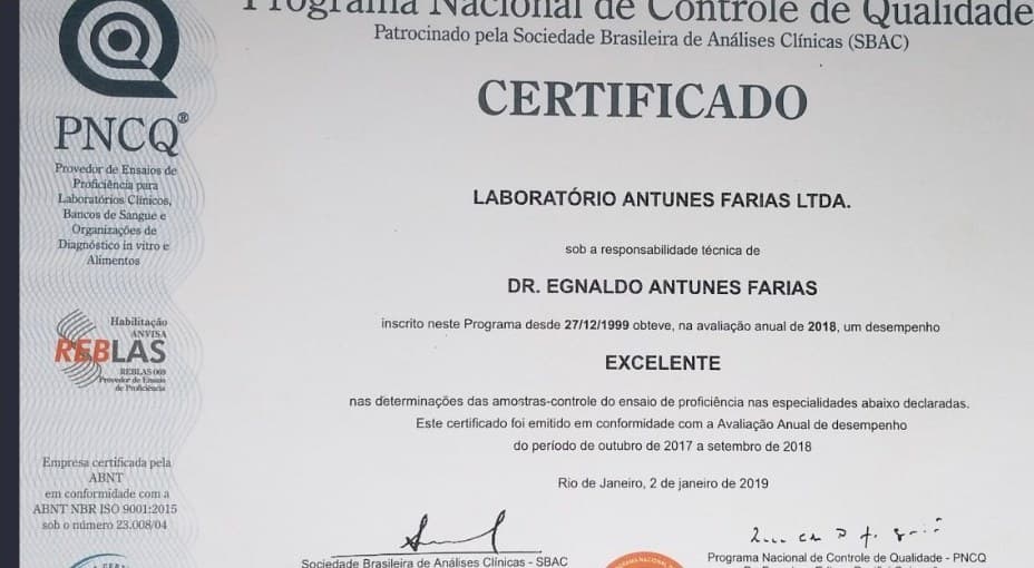 Certificado PNCQ/SBAC do Laboratório Antunes Farias