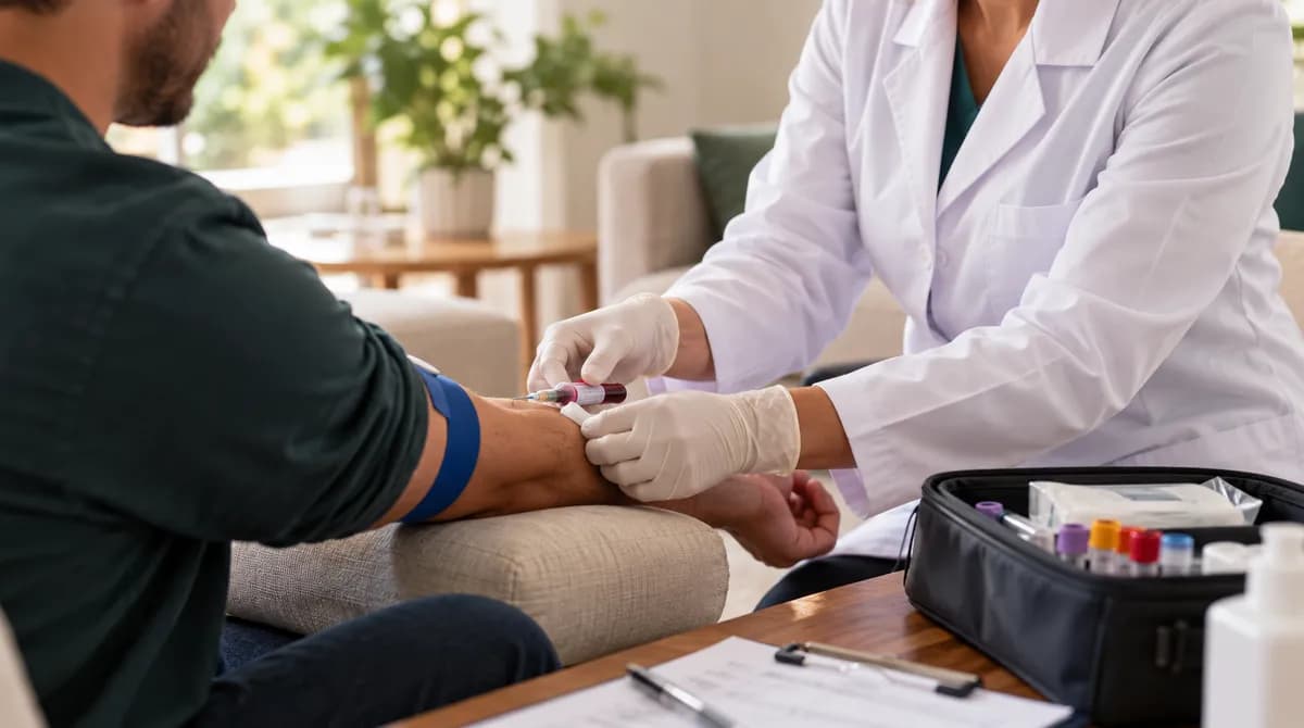 Profissional do LAF coletando sangue de um paciente no sofá de casa