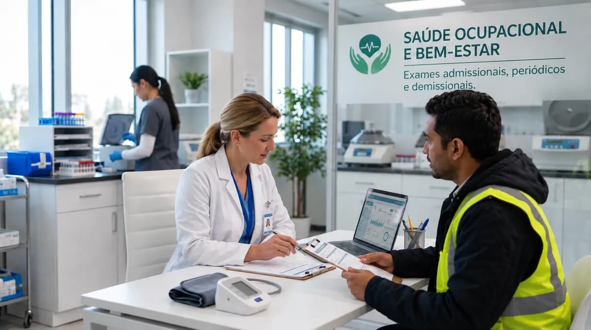 Profissional do laboratório atendendo um trabalhador em consulta de saúde ocupacional
