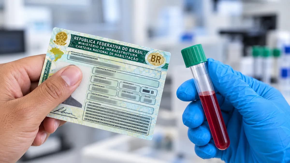 Mão segurando uma CNH ao lado de um tubo de coleta de sangue no laboratório