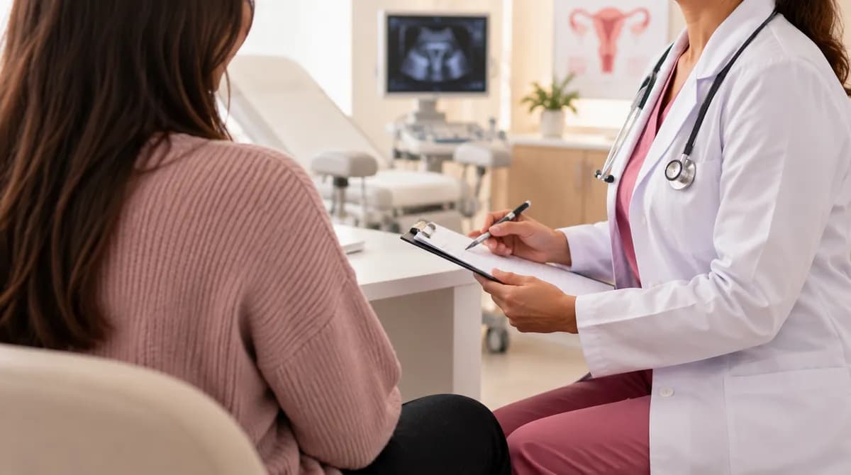 Médica conversando com uma paciente em consulta ginecológica na clínica