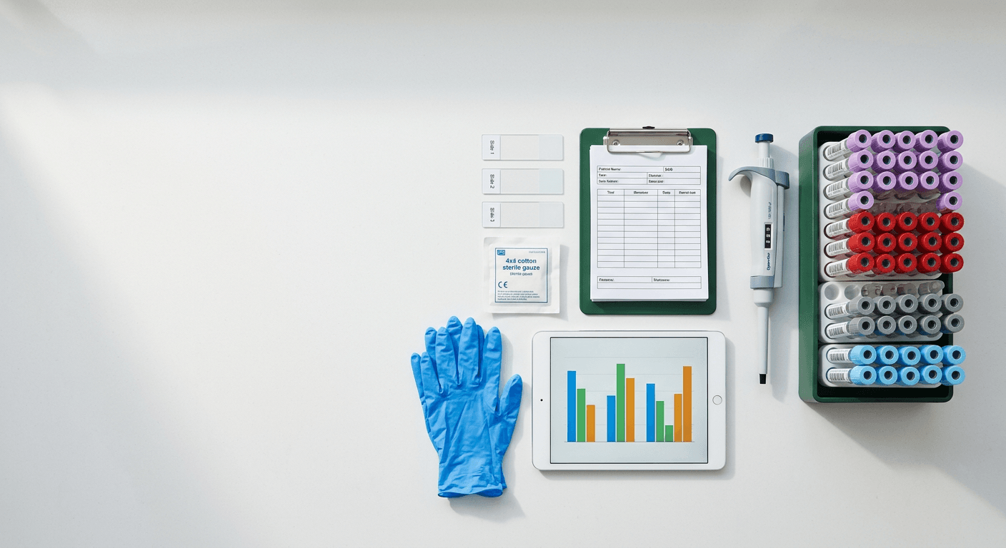 Profissional analisando documentos de saúde ocupacional no laboratório