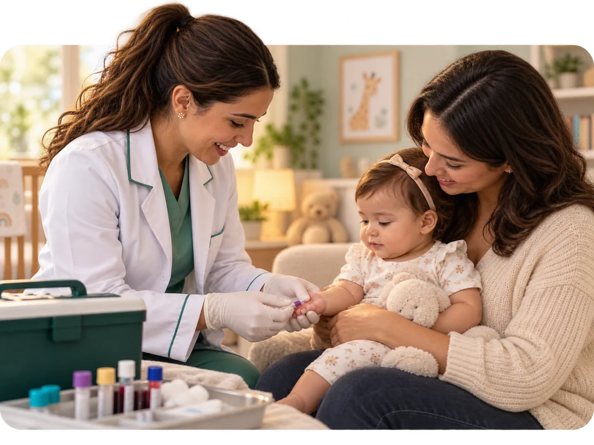 Profissional do LAF realizando coleta em um bebê no colo da mãe