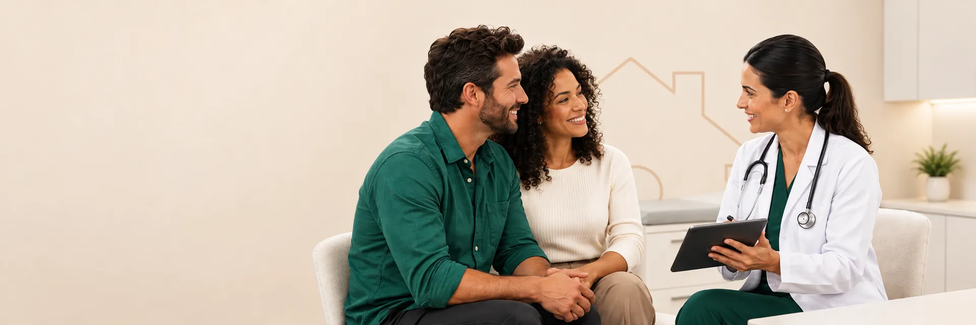 Casal conversando com médica durante consulta