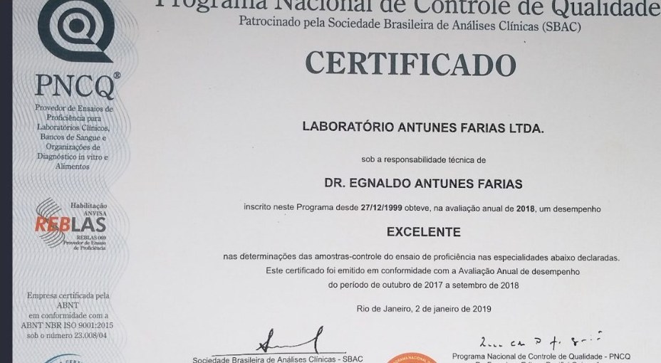 Certificado PNCQ/SBAC do Laboratório Antunes Farias
