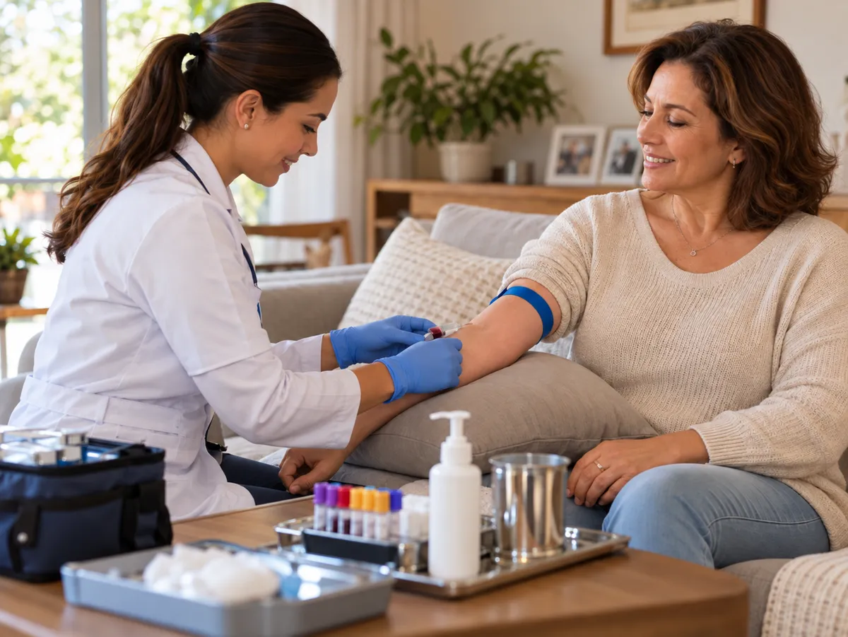 Profissional realizando coleta de sangue em uma paciente no sofá de casa