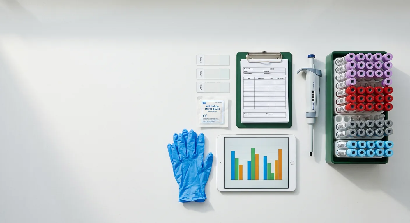 Profissional analisando documentos de saúde ocupacional no laboratório
