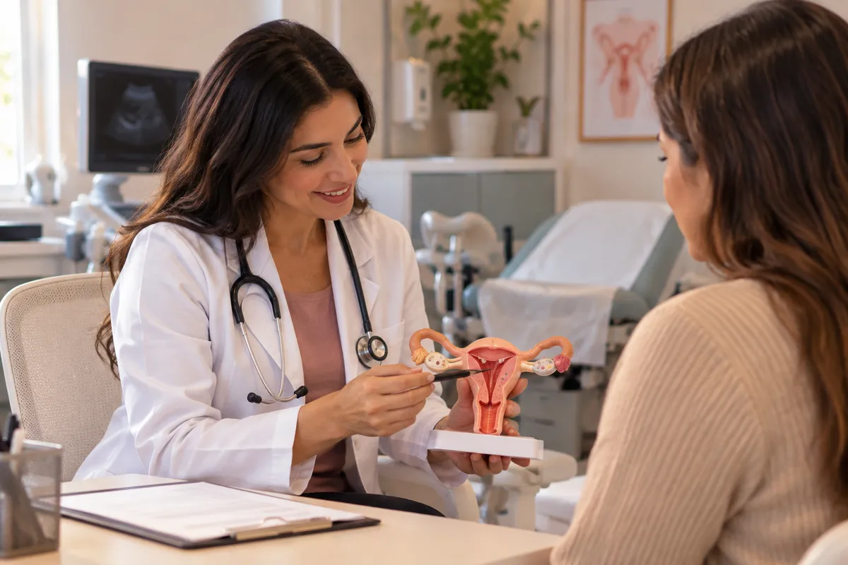 Médica explicando um modelo anatômico do útero para uma paciente